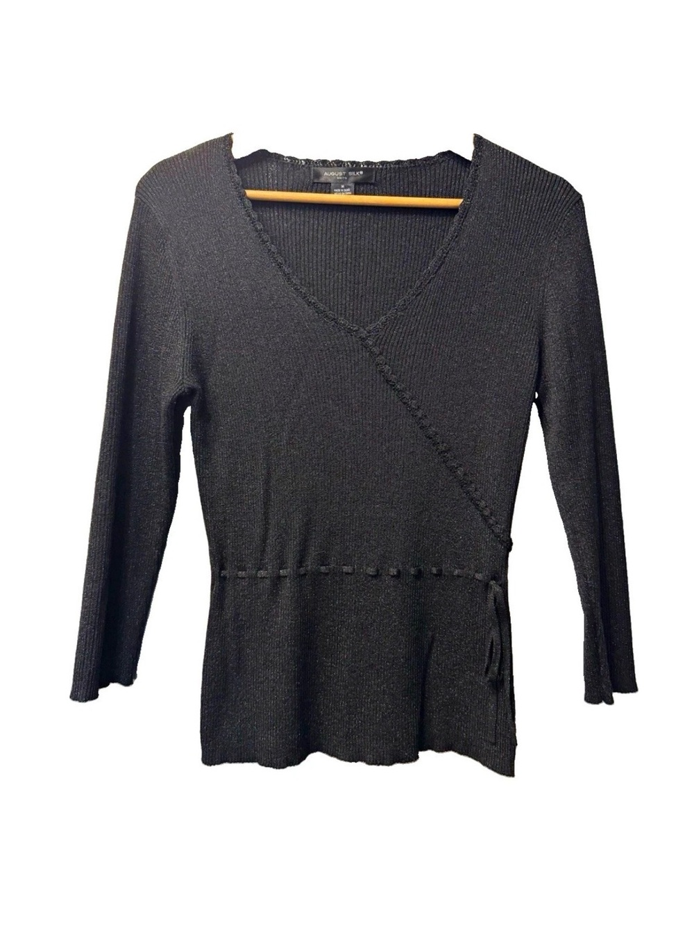 august silk Black Wrap-Detail Knit Top 70% silk M